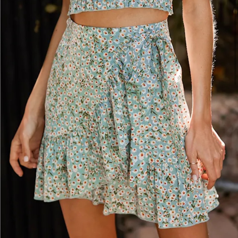 Lulus Flourishing Dreams Mint Green Floral Print Wrap Mini Skirt - Size M